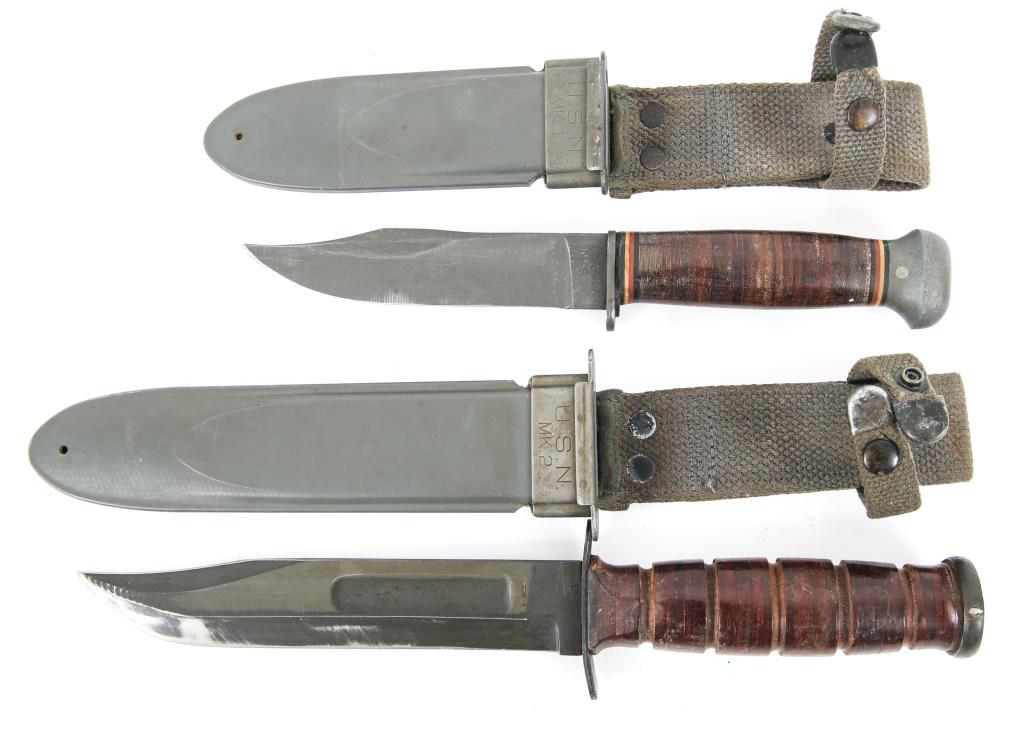 WWII US NAVY USN MK1 & KA-BAR MARK2 KNIFE LOT OF 2: WWII US NAVY USN MK1 & KA-BAR MARK2 KNIFE LOT OF 2 WWII US Navy USN MK1 & KA-BAR MK2 knife with scabbard, lot of 2. 1- USN Mark 1 utility knife, Mfg " RH 35 PAL " stamped on the ricasso, retains 90% o