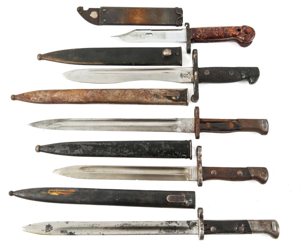 WORLD MILITARY BAYONET LOT OF 5: WORLD MILITARY BAYONET LOT OF 5 World Military bayonet, lot of 5. 1- Spanish bayonet model 1941 with steel scabbard. 1- CZS Mauser bayonet with steel scabbard. 1- Mauser export unmarked with steel sca