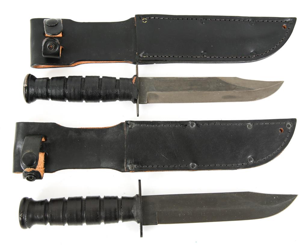 US ARMED FORCES MKII COMBAT KNIFE LOT OF 2: US ARMED FORCES MKII COMBAT KNIFE LOT OF 2 Post Vietnam War, US MKII combat knife with black leather sheath, lot of 2. 1- U.S. Ontario, gray parkerized blade. 1- Camillus New York U.S.A, black parkeri