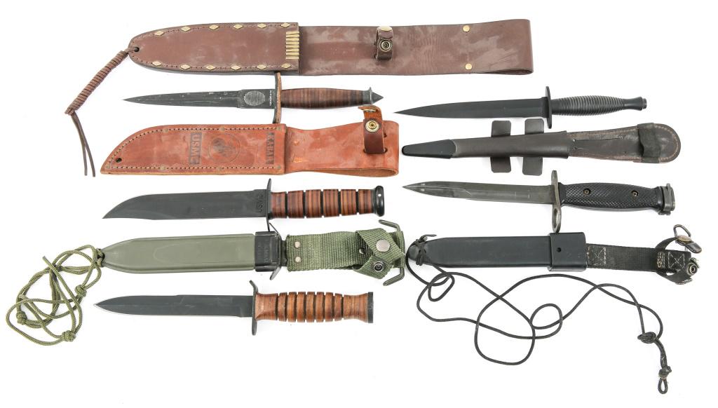 MODERN MANUFACTURE OF MILITARY KNIFE LOT OF 5: MODERN MANUFACTURE OF MILITARY KNIFE LOT OF 5 Includes Linder Inox British Fairbairn Sykes dagger, Ontario US M7 bayonet with scabbard, Boker US M3 fighting knife, in M8A1 sheath, Ka-Bar USMC fighting