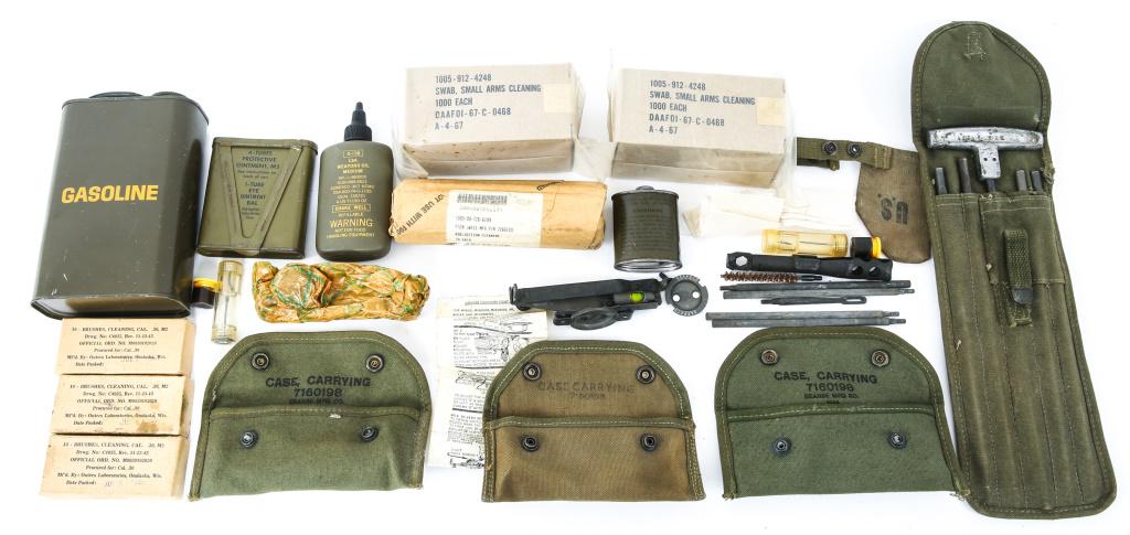 WWII - VIETNAM WAR US ARMY CLEANING KIT & GEAR LOT: WWII - VIETNAM WAR US ARMY CLEANING KIT & GEAR LOT WWII - Vietnam War US Army cleaning kit and gear lot. Includes 2- US M1 carbine cleaning kits with carrying case; 1- M1 grenade sight; 1- M1 carbine 