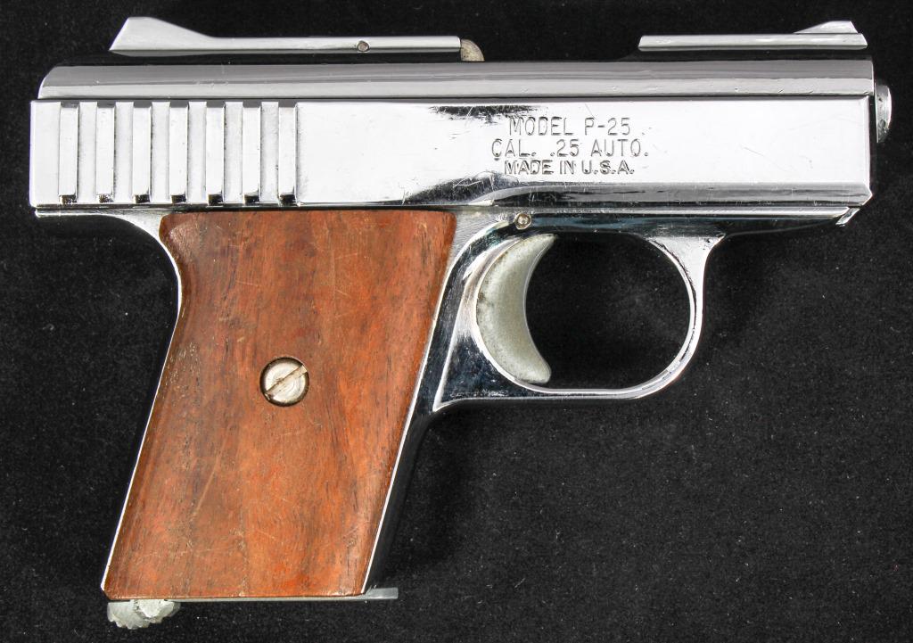 RAVEN MODEL P-25 .25 ACP PISTOL: RAVEN MODEL P-25 .25 ACP PISTOL Raven model P-25 .25 ACP pistol. One magazine. Caliber / Gauge: .25 ACP Barrel Length: 2.437" Serial Number: 264277