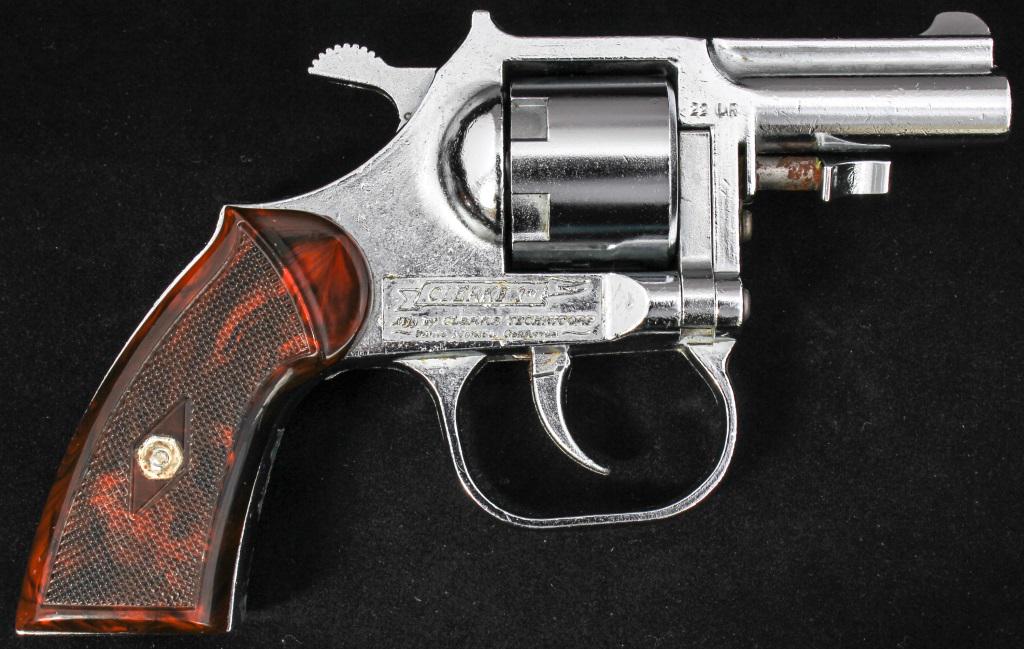 CLERKE MODEL 1ST .22LR REVOLVER: CLERKE MODEL 1ST .22LR REVOLVER Clerke model 1st .22LR revolver. Chrome finish. Caliber / Gauge: .22 LR Barrel Length: 2" Serial Number: 271326