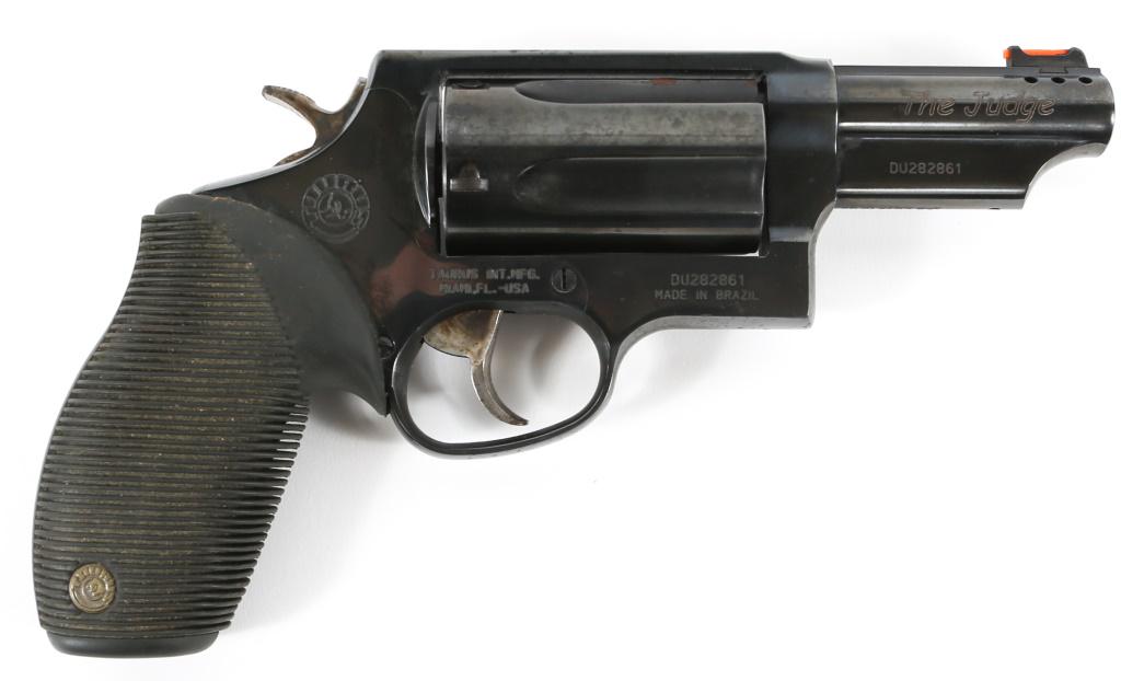 TAURUS THE JUDGE 410/45 REVOLVER: TAURUS THE JUDGE 410/45 REVOLVER Taurus The Judge .410 ga / .45 caliber revolver. Ported three inch barrel. Black rubber grips. Fiber optic front post sight. Caliber / Gauge: .410/.45 Barrel Length: 3