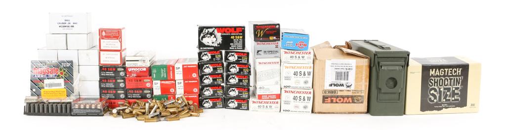 HANDGUN AMMUNITION LARGE MIXED LOT: HANDGUN AMMUNITION LARGE MIXED LOT 1400+ rounds of .40 S&W ammunition. Mixed brands and shot. Winchester, Wolf, Geco. 1200+ rounds of .38 Special ammunition. Olin Corp. Winchester, MagTech. 300 rounds