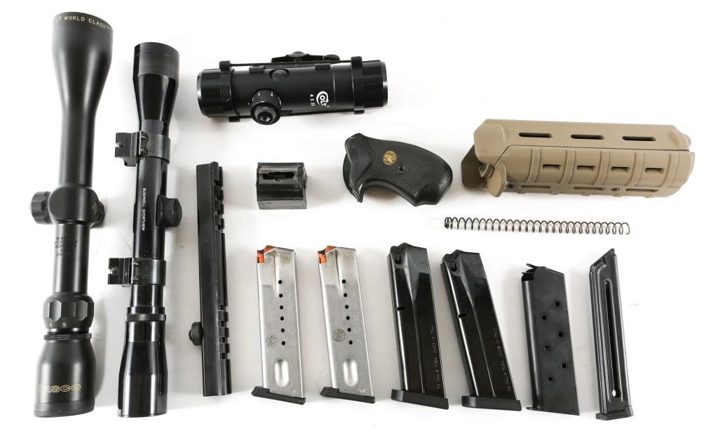FIREARMS ACCESSORIES IN REDHEAD CASE MIXED LOT: FIREARMS ACCESSORIES IN REDHEAD CASE MIXED LOT Mixed lot of Scopes, bases, magazines, grips, and parts. Tasco World Class 3-9x40 scope. Bushnell Sportview 4x32 scope. Colt 4x20 scope. Magpul Carbine M