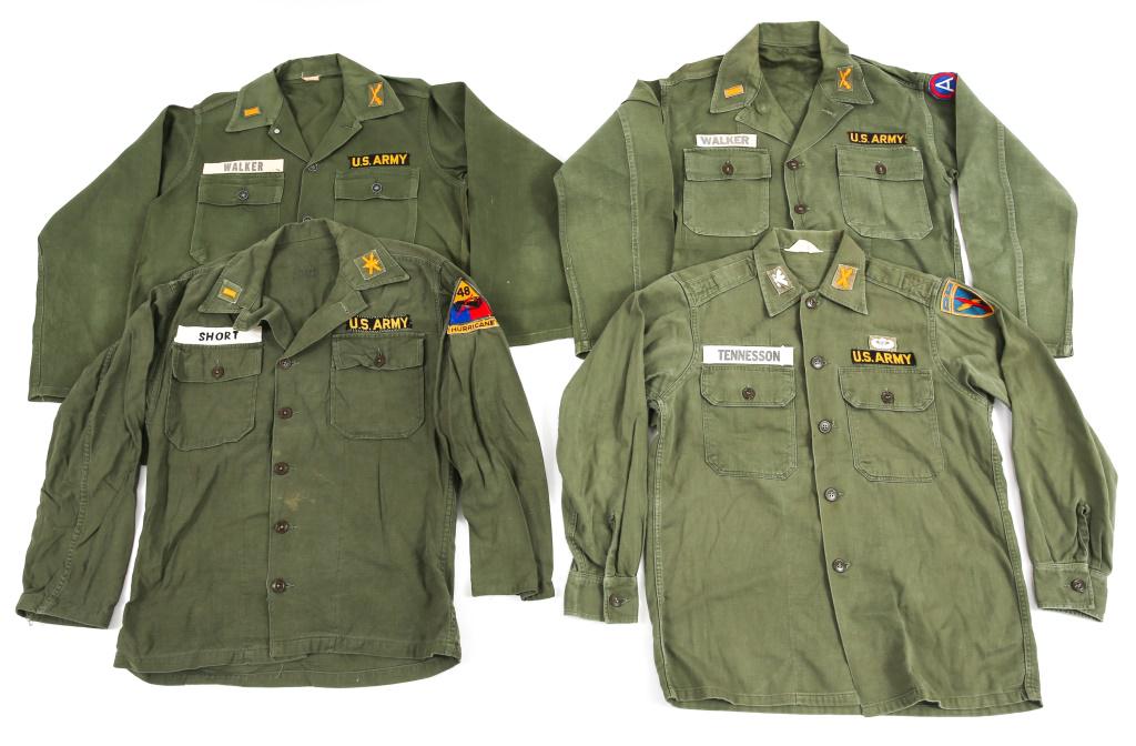 KOREAN WAR US ARMY HBT SHIRT LOT OF 4: KOREAN WAR US ARMY HBT SHIRT LOT OF 4 Korean War US Army HBT shirt lot of 4. Size M-L. Two of them with infantry patch and 2nd Lt. bar, nameplate "Walker." One with Artillery patch, Colonel patch, and