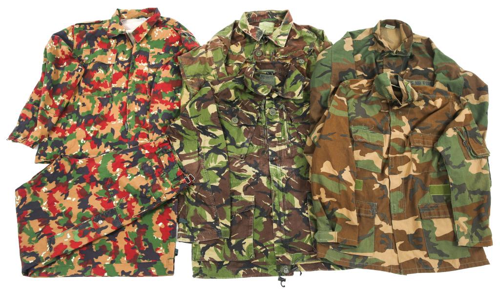 WORLD MILITARY COMBAT CAMO UNIFORM LOT OF 6: WORLD MILITARY COMBAT CAMO UNIFORM LOT OF 6 World Military combat camo uniform, lot of 6. Includes; 2- US Army Woodland camo Aircrew Aramid jackets; 2- British Army camo field jackets; 10 Swiss Army C