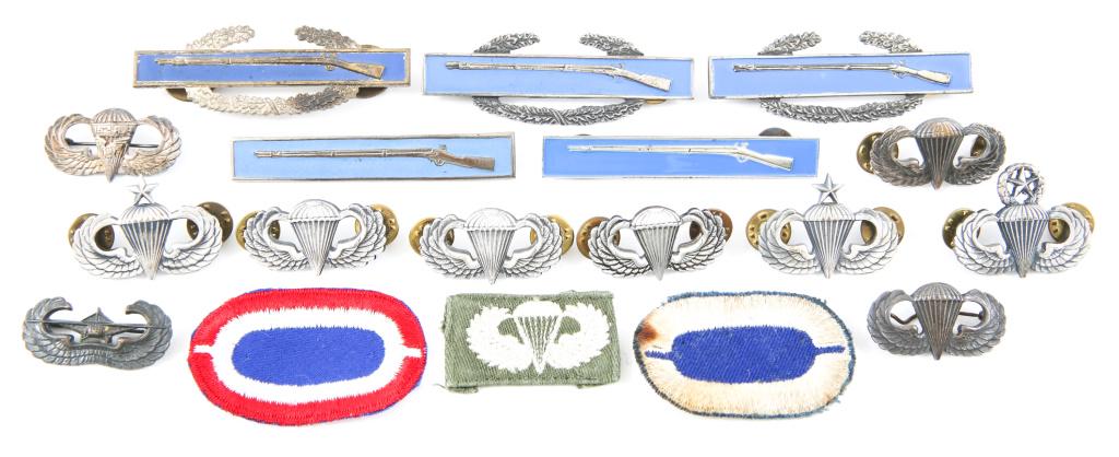 US ARMY CIB BADGE & PARATROOPER WINGS INSIGNIA LOT: US ARMY CIB BADGE & PARATROOPER WINGS INSIGNIA LOT WWII - Cold War era, US Army CIB badge & Paratrooper jump wings insignia, lot of 18. Includes WWII Glider & Jump wings insignia, pin back marked ster