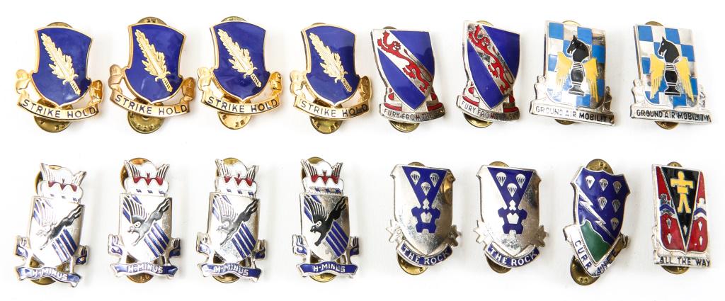 VIETNAM WAR US ARMY AIRBORNE DUI INSIGNIA LOT: VIETNAM WAR US ARMY AIRBORNE DUI INSIGNIA LOT Vietnam War era, US Army Airborne Paratrooper Distinctive Unit Insignia DUI’s, lot of 16. Includes a pair of 82nd Airborne Head Quarters Ground Air Mobi