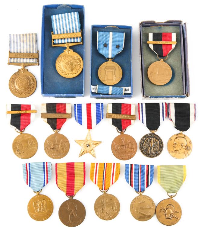 COLD WAR US MEDAL MIXED LOT OF 15: COLD WAR US MEDAL MIXED LOT OF 15 Cold War era US medal, mixed lot of 15. Includes Korean Service, Asiatic Pacific Campaign, Silver Star (unnamed), Occupation medals, and others.