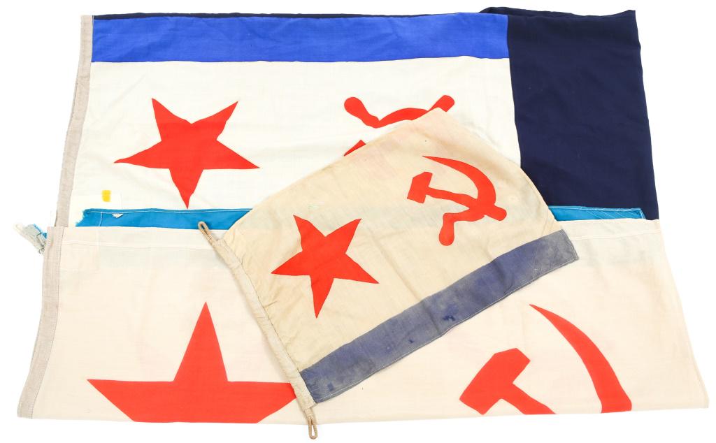 SOVIET UNION NAVY FLAG LOT OF 3: SOVIET UNION NAVY FLAG LOT OF 3 Cold War, Soviet Union Navy flag, lot of 3. 1- Large 77" x 50" Auxiliary vessels of the fleet. 1- Small 53'x 35" Naval ensign of the Soviet Union. 1- Small 27" x 18" Na