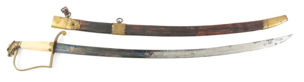 WAR OF 1812 US EAGLE HEAD OFFICER SWORD: WAR OF 1812 US EAGLE HEAD OFFICER SWORD War of 1812 US eagle head officers sword, with scabbard. Eagle head pommel. "P" style guard. Leather scabbard with brass fittings. Blade has decorative bluing a