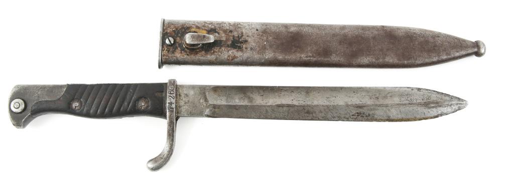 WWI IMPERIAL GERMAN MAUSER MODEL 1898 BAYONET: WWI IMPERIAL GERMAN MAUSER MODEL 1898 BAYONET WWI Imperial German Mauser model 1898 bayonet, with scabbard. Guard marked: "7426," and "9.0.1 v" engraved on left side of guard. Ricasso reads: "Waffenfa
