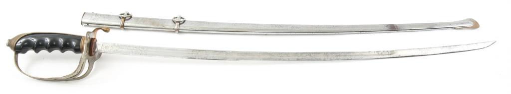 WWI US ARMY OFFICER MODEL 1902 PARADE SWORD: WWI US ARMY OFFICER MODEL 1902 PARADE SWORD WWI US Army officer model 1902 parade sword, with scabbard. Decoratively engraved blade. N.S. Meyer maker mark. Brass pommel. Blade Length: 30" Overall Leng