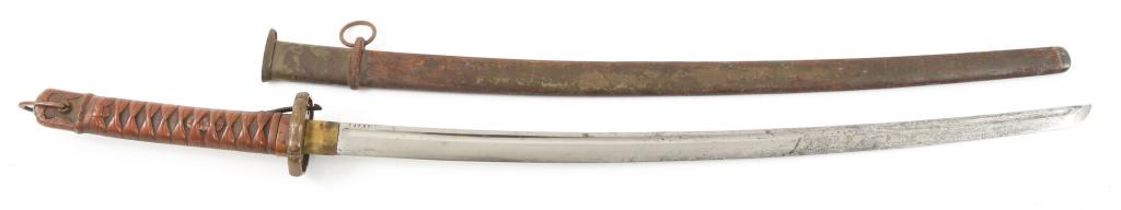 WWII JAPANESE ARMY NCO TYPE 95 SWORD: WWII JAPANESE ARMY NCO TYPE 95 SWORD WWII Japanese Army NCO type 95 sword, with scabbard. Copper grip. Makers marks denote: Suya Shoten factory, Tokyo. Matching serial numbers to blade and scabbard: 3