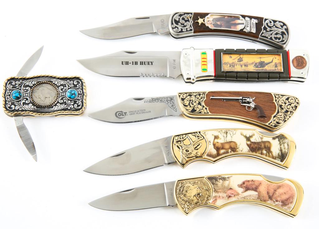 FRANKLIN MINT COLLECTOR KNIVES - KNIFE LOT OF 6: FRANKLIN MINT COLLECTOR KNIVES - KNIFE LOT OF 6 Six Franklin Mint collector knives with original cases. Handle designs include deer, bear with fish, Wyatt Earp, Vietnam War with UH-1B Huey helicopters