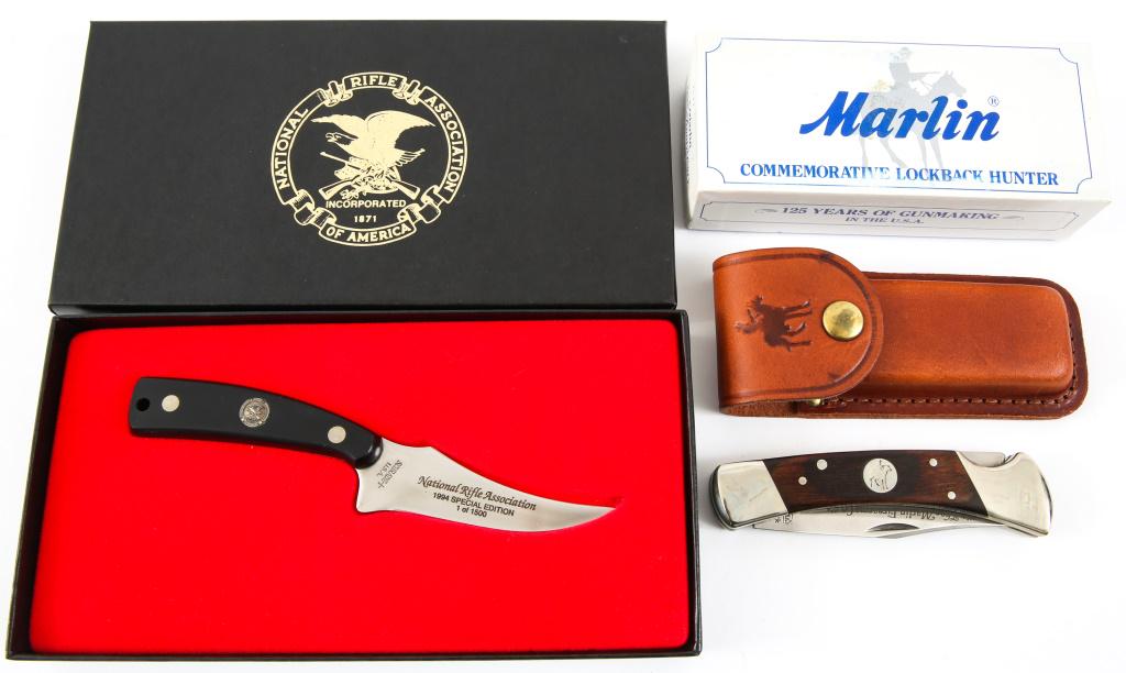 CAMILLUS AND SCHRADE BRANDS - KNIFE LOT OF 2: CAMILLUS AND SCHRADE BRANDS - KNIFE LOT OF 2 Camillus longback hunter knife commemorating 125 years of gunmaking in the U.S. Blade engraved with "The Marlin Firearms Co. 1870-1995." Includes leather c