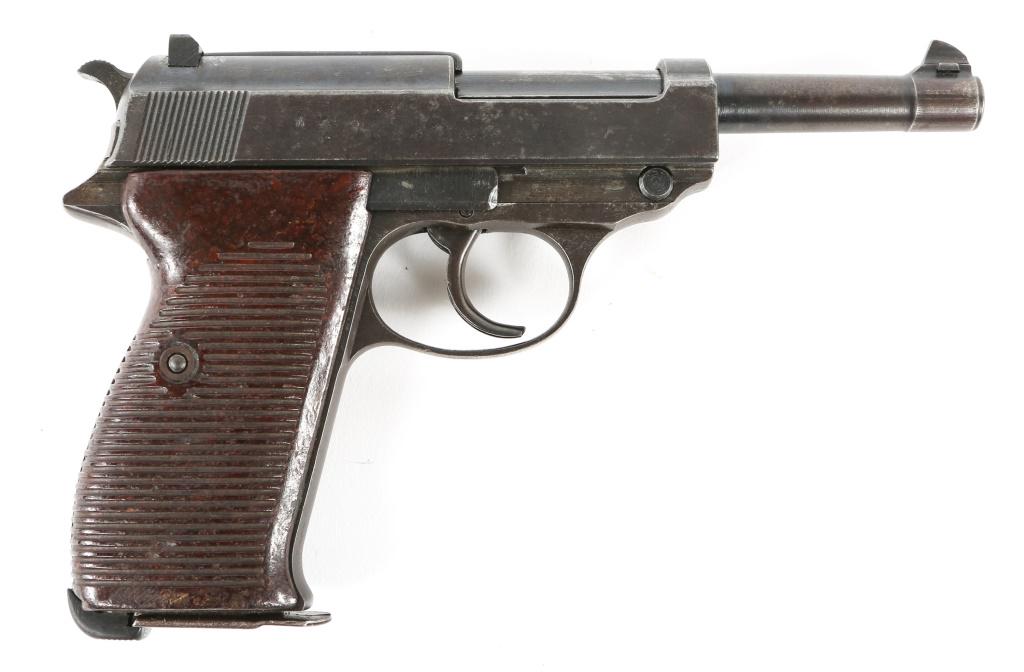 WWII GERMAN SPREEWERK MODEL P38 9mm PISTOL: WWII GERMAN SPREEWERK MODEL P38 9mm PISTOL WWII German Spreewerk model P38 9mm pistol. One magazine. Left side of receiver reads: "P.38 cvq 8581n." Frame marked: "notenglishmake." "88" waffenamt. Matc