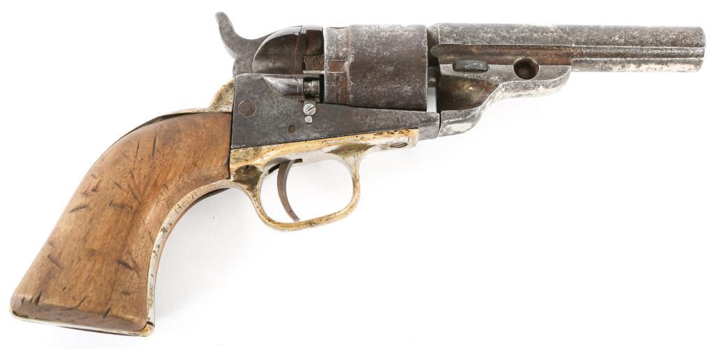 COLT POCKET NAVY CONVERSION .38 CAL REVOLVER: COLT POCKET NAVY CONVERSION .38 CAL REVOLVER Colt Pocket Navy Conversion .38 caliber, round barrel revolver. Stagecoach scene on cylinder difficult to distinguish. Matching serial numbers. Left side o