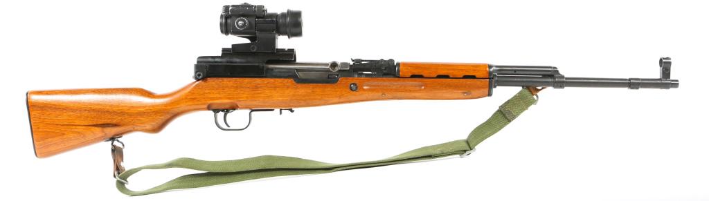 CHINESE NORINCO MODEL SKS 7.62x39mm RIFLE: CHINESE NORINCO MODEL SKS 7.62x39mm RIFLE Chinese Norinco Factory 26 SKS 7.62x39mm rifle, with red-dot sight and sling. Imported by CJA. Aimpoint CompM2 red-dot sight. B-square sight mount. Caliber / 