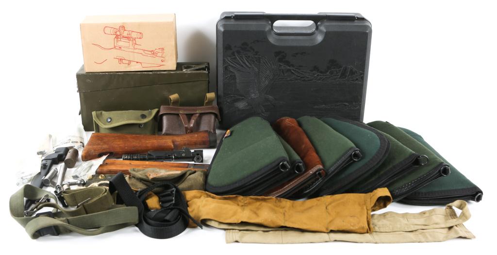 FIREARM ACCESSORIES LARGE MIXED LOT: FIREARM ACCESSORIES LARGE MIXED LOT Ultralux 4x25mm scope (new in box), with mount and tooling. 8 soft handgun cases, 1 Doskocil hard handgun case, 1WWII M15 Grenade Launcher Sight, 1 unmarked WWII st