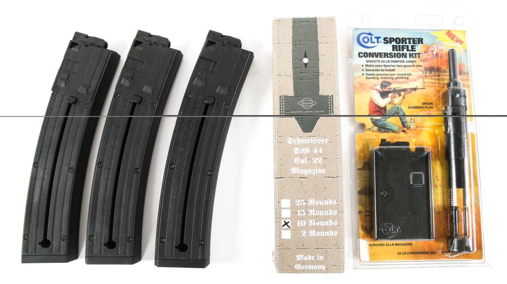 AR-15 TO .22LR CONVERSION AND MIXED .22LR MAGS: AR-15 TO .22LR CONVERSION AND MIXED .22LR MAGS 4 STG-44 .22LR magazines. 3 hold 25 rounds. The fourth has capacity for 25 rounds, but has stopper at 10 rounds. Colt Sporter Rifle conversion kit for .2