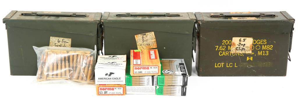 AMMO CAN LARGE MIXED LOT OF 6.5mm AMMUNITION: AMMO CAN LARGE MIXED LOT OF 6.5mm AMMUNITION 3 ammo cans of mixed 6.5mm ammunition. 550+rds Jap 6.5mm ammo. 150+rds Swedish 6.5 Mauser. 80rds 6.5x55mm ammo, Sellier & Bellot & Century. Approx 40rds 6.
