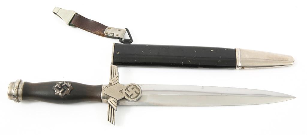 WWII GERMAN RLB 2nd MODEL ENLISTED MAN DAGGER: WWII GERMAN RLB 2nd MODEL ENLISTED MAN DAGGER WWII German RLB 2nd model Enlisted Man dress dagger. Bright Unmarked blade with highly visible crossgrain. Ebony grip with 2nd model RLB / swastika emblem