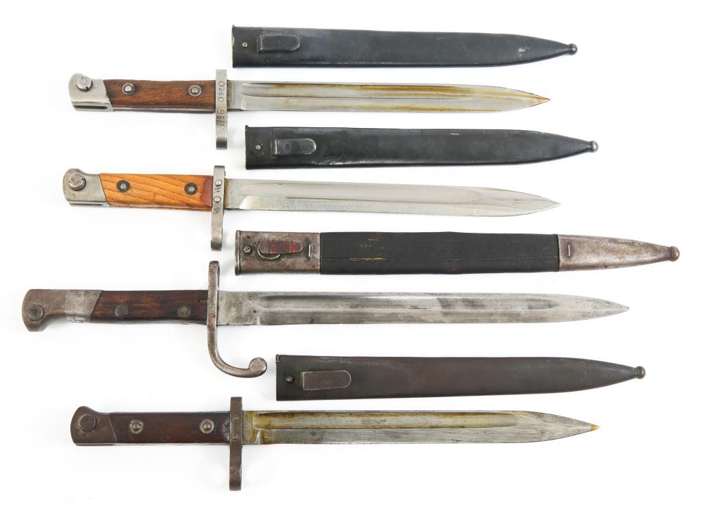 AUSTRIAN M95 AND BRAZIL M1908 MAUSER BAYONET LOT: AUSTRIAN M95 AND BRAZIL M1908 MAUSER BAYONET LOT Austrian M 1895 bayonet with steel scabbard, lot of 3; 1- Brazil M 1908 Mauser bayonet with leather scabbard and steel fittings. Blade Length: 9.7/8" &