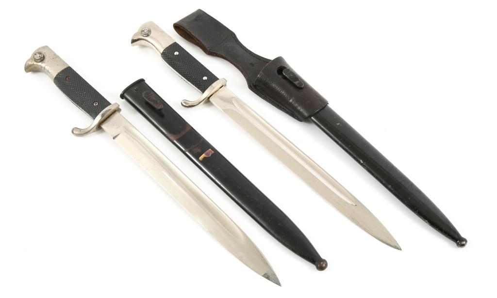 WWII GERMAN K98 LONG DRESS BAYONET LOT OF 2: WWII GERMAN K98 LONG DRESS BAYONET LOT OF 2 WWII German K98 long dress bayonet, lot of 2. Includes 1- K98 dress bayonet with steel scabbard and leather frog, unmarked; 1- K98 dress bayonet with steel