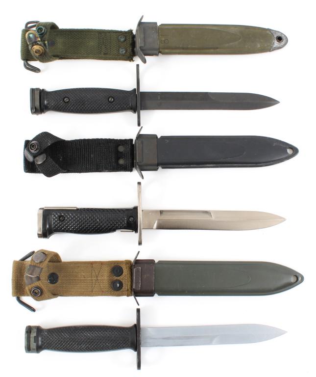 US M4 - M6 - M7 BAYONET LOT OF 3: US M4 - M6 - M7 BAYONET LOT OF 3 Lot of 3 US bayonets. 1- US M4 with unmarked scabbard, stamped " U.S M4 " under the guard; 1- US M6 bayonet with USM8AI black scabbard, stamped " US M6, Imperial " und