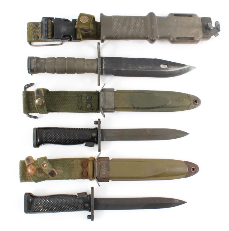 US ARMY M5AI & US M9 BAYONET LOT OF 3: US ARMY M5AI & US M9 BAYONET LOT OF 3 US Army bayonets, lot of 3. One US M9 bayonet with sheath, stamped " M9 Lan-Cay USA " on the ricasso, blade length: 7.1/4"; 2- US M5AI bayonets with USM8AI green 