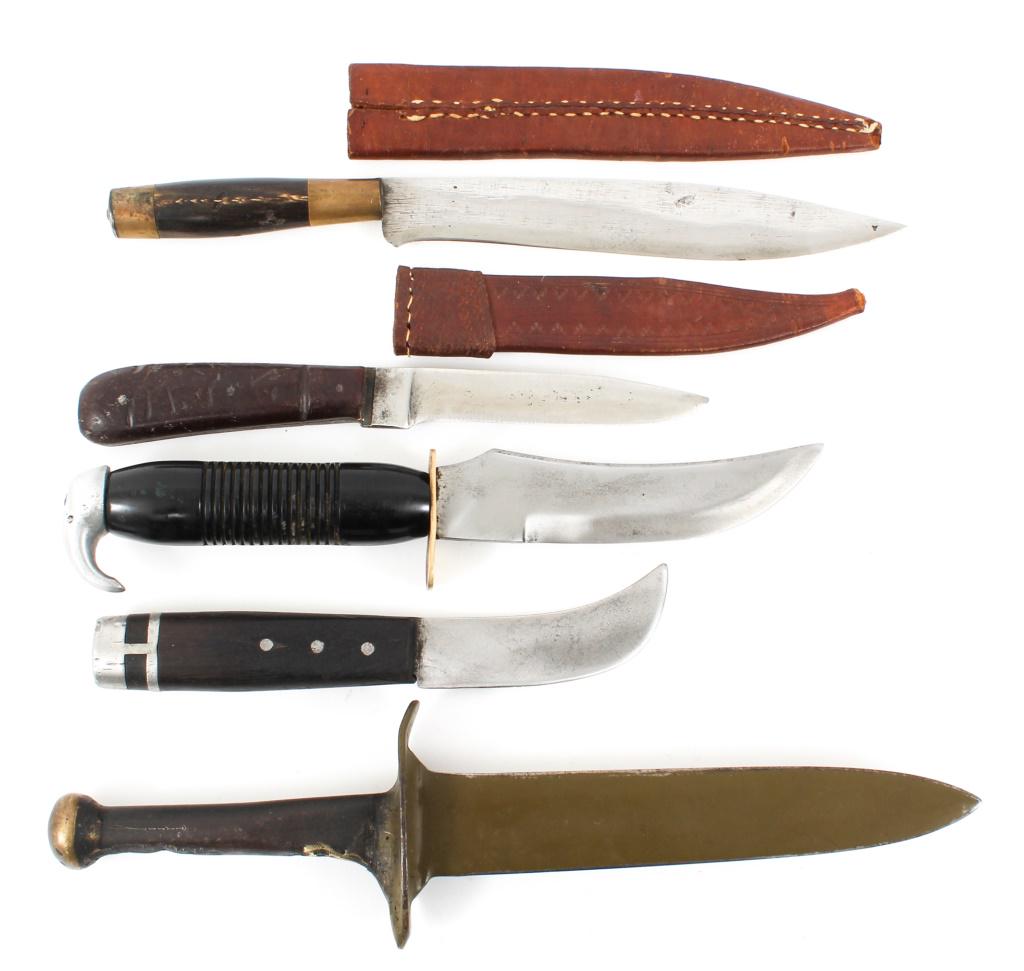 VINTAGE GERMAN & THEATER MADE KNIFE LOT OF 5: VINTAGE GERMAN & THEATER MADE KNIFE LOT OF 5 Vintage German made & theater made knives, lot of 5. Puma Solingen, Herder & Sohn Solingen and 3 unmarked. Blade Length: 3.1/2" to 8" Overall Length: 8" TO