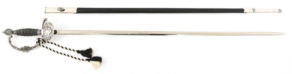 SWISS DIPLOMAT COURT SWORD BY EICKHORN: SWISS DIPLOMAT COURT SWORD BY EICKHORN Swiss Diplomat court sword. Double side etched blade, Maker mark / logo " Carl Eickhorn, Solingen " stamped on the ricasso. Silver plated hilt and fittings. Shar