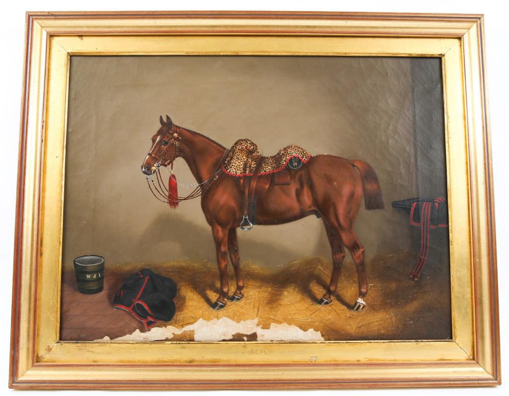 OIL ON CANVAS OF BRITISH ARMY CHARGER "FIREFLY": OIL ON CANVAS OF BRITISH ARMY CHARGER "FIREFLY" 19 th Century oil on canvas of a British Army charger of the 20th Hussars, signed F. Helly and dated 1874. Helly was best known for his landscape works.