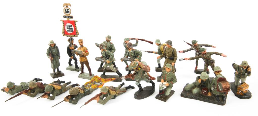 WWII GERMAN ARMY FIGURE ELASTOLIN & LINEOL LOT: WWII GERMAN ARMY FIGURE ELASTOLIN & LINEOL LOT WWII German Army toy soldier. Lot of 20. Mixed lot of 65mm and 75mm Elastolin & Lineol figures. Size: 65mm & 75mm