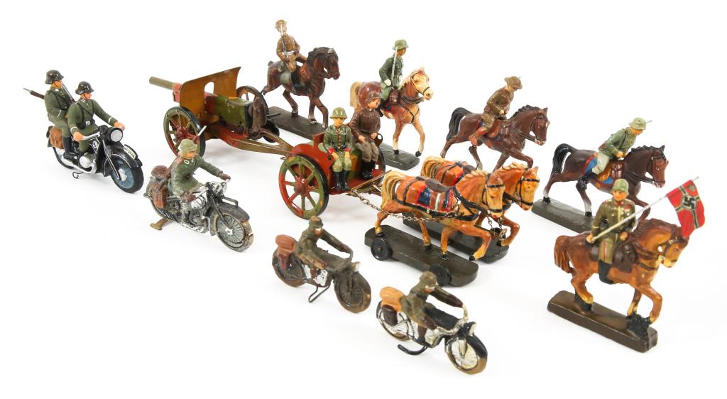 GERMAN ARMY ELASTOLIN & LINEOL TOY SOLDIER LOT: GERMAN ARMY ELASTOLIN & LINEOL TOY SOLDIER LOT Lot of German made 64mm and 75mm Elastolin , Lineol and unmarked toy soldiers. Includes Cannon set with horses; Motorcycles; Cavaliers. Size: 65mm & 75mm