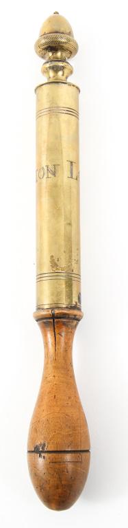 18th CENTURY BRITISH GR III LONG ASHTON TIPSTAFF: 18th CENTURY BRITISH GR III LONG ASHTON TIPSTAFF British, late 18th Century George III tipstaff or tipstave of office, c. 1796. Heavy brass construction with wood handle. Acorn finial end. The body en