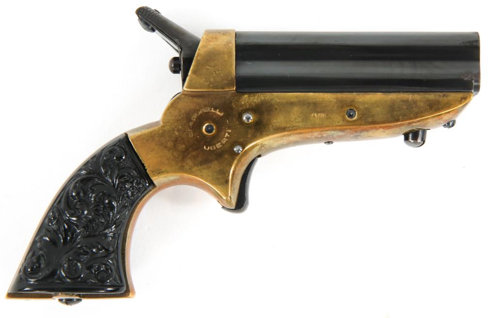 UBERTI NAVY ARMS M1859 .22 CAL PEPPERBOX DERRINGER: UBERTI NAVY ARMS M1859 .22 CAL PEPPERBOX DERRINGER Uberti Navy Arms Co. .22 caliber, copy of Sharps model 1859 pepperbox derringer. Engraved black plastic grips. Brass frame, with 4 blued barrels and 
