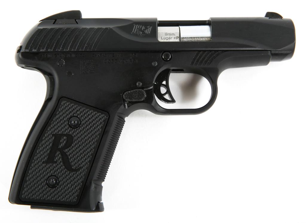 REMINGTON MODEL R51 9MM +P PISTOL: REMINGTON MODEL R51 9MM +P PISTOL Remington model R51 9mm caliber pistol. Factory box and accessories. Two magazines. Rated for +P rounds. Caliber / Gauge: 9mm Barrel Length: 3.25" Serial Number: 0033