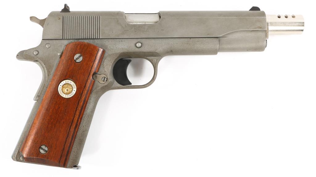 COLT MODEL 1991A1 STAINLESS SERIES 80 PISTOL: COLT MODEL 1991A1 STAINLESS SERIES 80 PISTOL Colt model 1991A1 Stainless Series 80 Model 01091.45 ACP pistol, in original Colt hard case with paperwork. Compensator installed. Left side slide reads: "