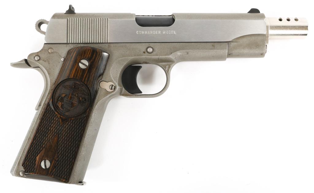 COLT COMMANDER M1991A1 STAINLESS .45 ACP PISTOL: COLT COMMANDER M1991A1 STAINLESS .45 ACP PISTOL Colt Commander M1991A1 Model 04091U Stainless .45 ACP pistol with compensator. Custom wood EGA grips. Original carry case with manual and accessories. C