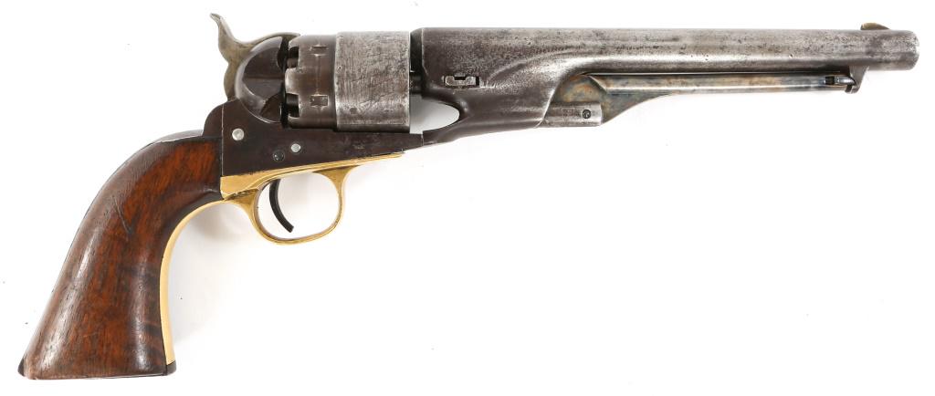 1863 COLT 1860 ARMY .44 CAL PERCUSSION REVOLVER: 1863 COLT 1860 ARMY .44 CAL PERCUSSION REVOLVER 1863 Colt model 1860 Army .44 caliber percussion revolver. Naval engagement scene on cylinder. 8" barrel. Walnut grips. Matching serial numbers. "3" car