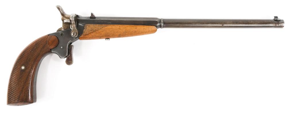 GERMAN 6 mm FLOBERT PARLOR PISTOL: GERMAN 6 mm FLOBERT PARLOR PISTOL German Flobert 6mm .22 CB caliber parlor pistol. 10.5" octagon to round barrel with crown over U and crown over G proofs. Caliber / Gauge: 6 mm Barrel Length: 10.5"