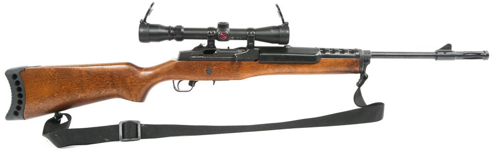 RUGER MODEL MINI THIRTY 7.62x39mm RIFLE: RUGER MODEL MINI THIRTY 7.62x39mm RIFLE Ruger model Mini Thirty 7.62x39mm semi-automatic rifle, with Simmons Deerfield 3-9x32mm scope. Flash suppressor installed. Nylon sling. No magazine. Caliber / G