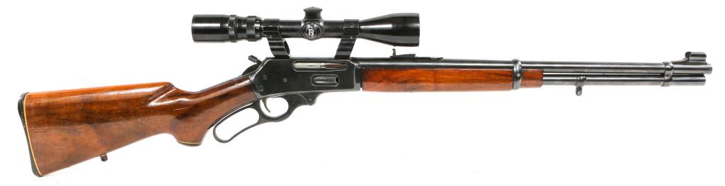 MARLIN MODEL 336 .30-30 WIN CALIBER RIFLE: MARLIN MODEL 336 .30-30 WIN CALIBER RIFLE Marlin model 336 .30-30 Win lever-action rifle, with Bushnell Trophy scope. Walnut stock, with blued finish. Thumb assist affixed to hammer. Caliber / Gauge: