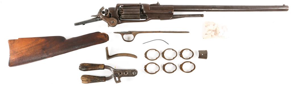 COLT M1855 .56 CAL REVOLVING CARBINE PARTS LOT: COLT M1855 .56 CAL REVOLVING CARBINE PARTS LOT Civil War era Colt model 1855 .56 caliber percussion revolving carbine parts lot. Receiver and cylinder matching serial numbers. Includes Barrel, receive