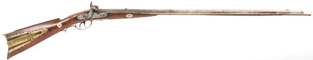 PETER MOLL DOUBLE BARREL PERCUSSION RIFLE: PETER MOLL DOUBLE BARREL PERCUSSION RIFLE Peter moll attributed .52 caliber double barrel side by side percussion rifle. Lehigh style accents and patch box. 51" total length. Caliber / Gauge: .52 Barr