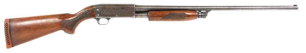 ITHACA MODEL 37 FEATHERLIGHT 12 GA SHOTGUN: ITHACA MODEL 37 FEATHERLIGHT 12 GA SHOTGUN Ithaca model 37 Featherlight 12 gauge pump-action shotgun. Walnut stock, and blued finish. Modified choke. 2.75" chamber. Dog and pheasant scene and duck sce